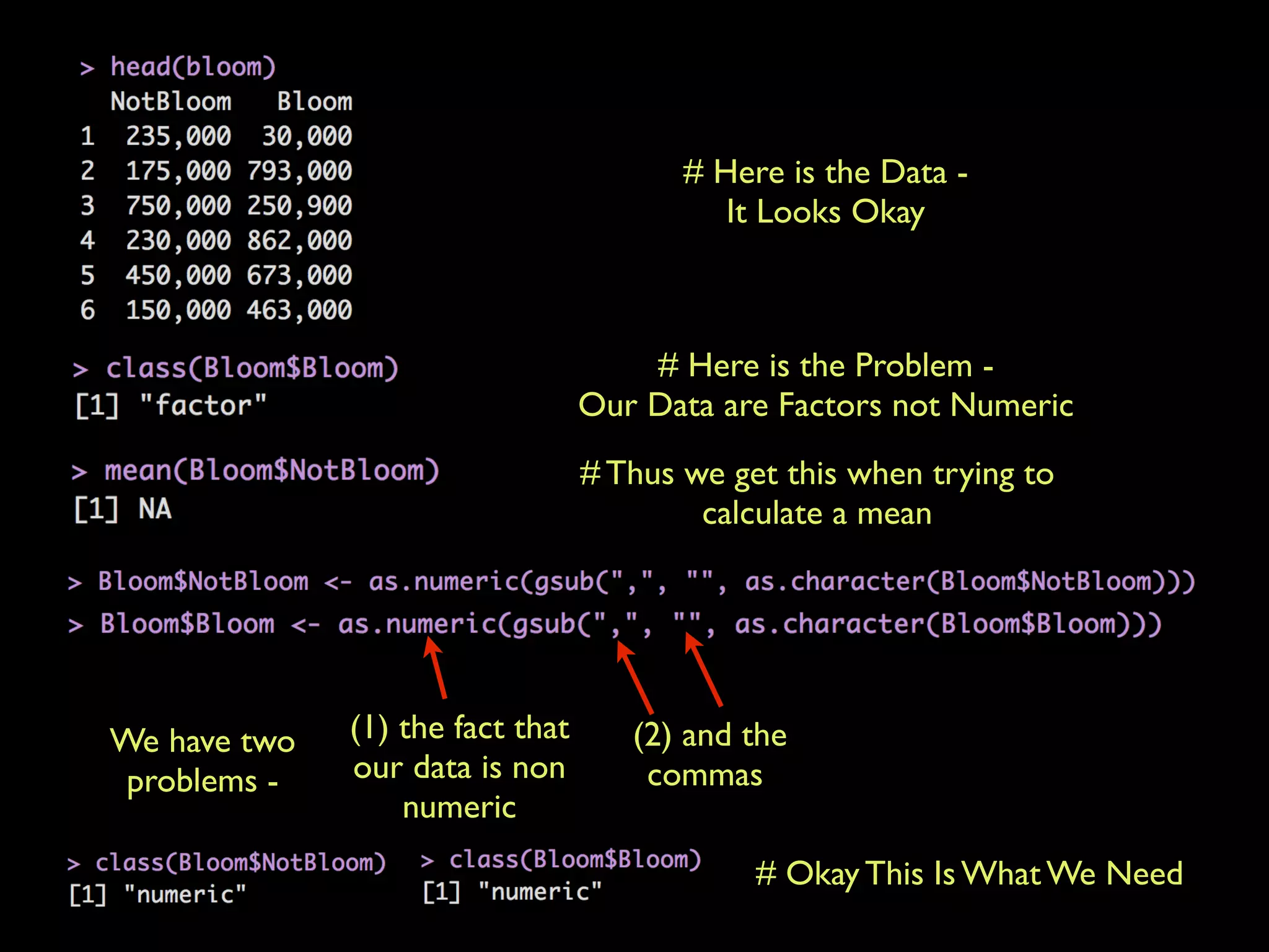 # Here is the Data -
It Looks Okay
# Here is the Problem -
Our Data are Factors not Numeric
# Thus we get this when trying to
calculate a mean
# Okay This Is What We Need
We have two
problems -
(1) the fact that
our data is non
numeric
(2) and the
commas
 