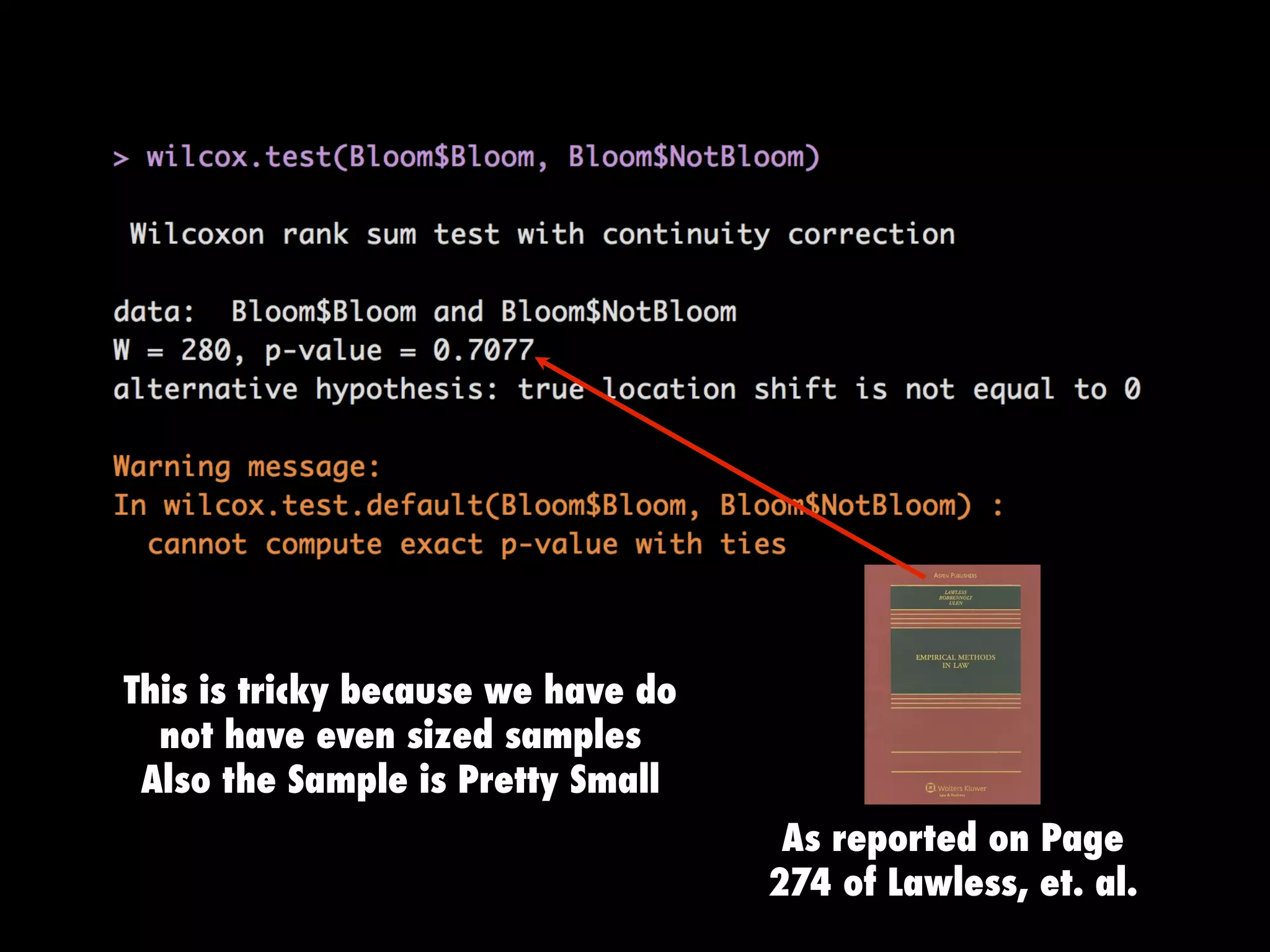 This is tricky because we have do
not have even sized samples
Also the Sample is Pretty Small
As reported on Page
274 of Lawless, et. al.
 