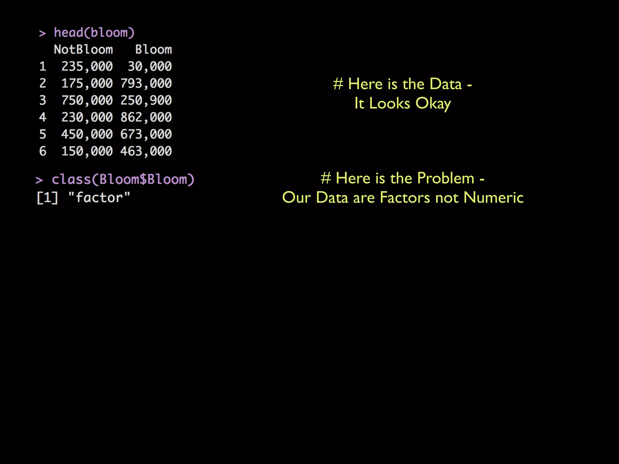 # Here is the Data -
It Looks Okay
# Here is the Problem -
Our Data are Factors not Numeric
 