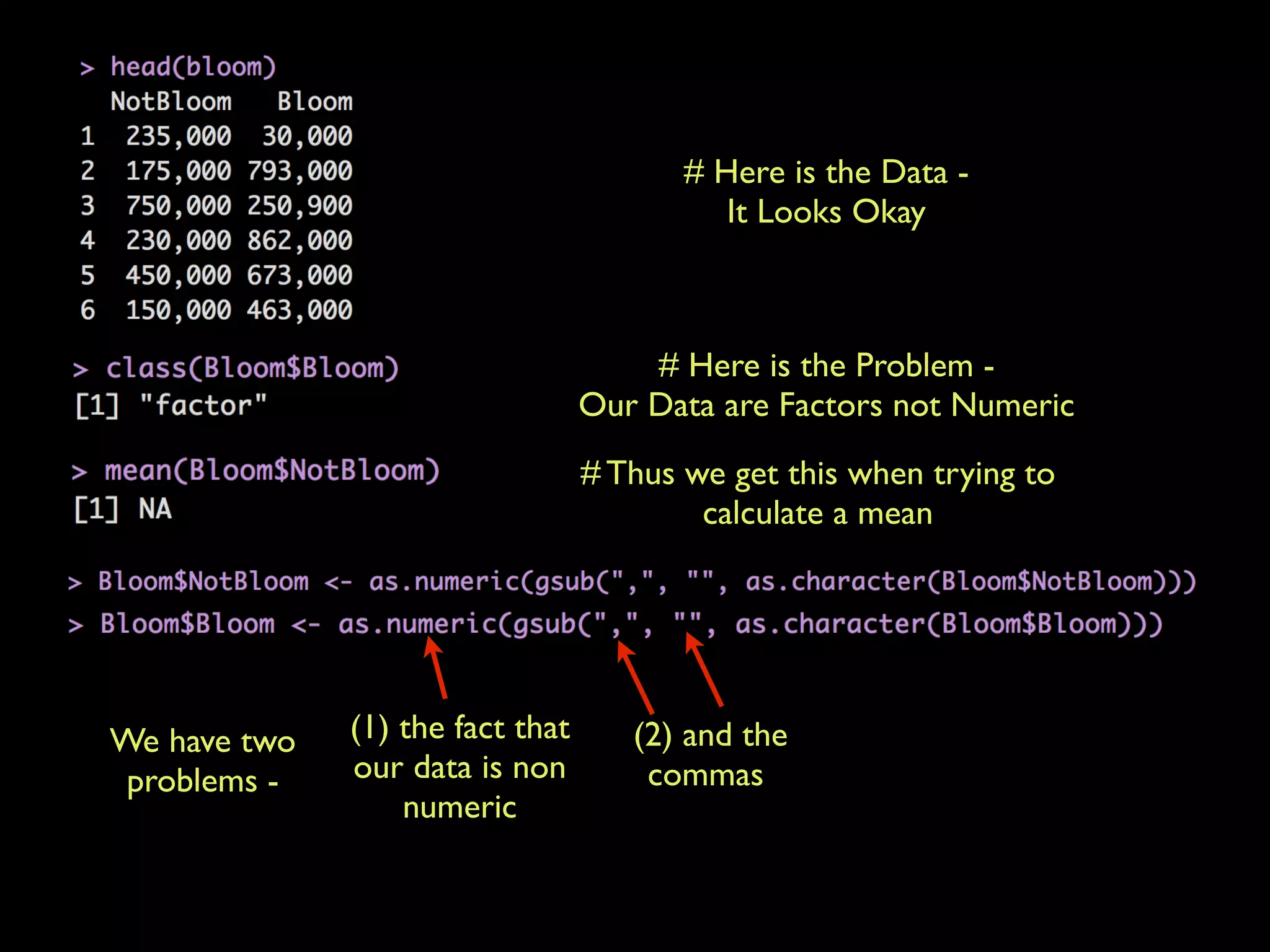 # Here is the Data -
It Looks Okay
# Here is the Problem -
Our Data are Factors not Numeric
# Thus we get this when trying to
calculate a mean
We have two
problems -
(1) the fact that
our data is non
numeric
(2) and the
commas
 