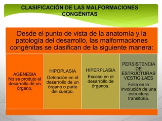 CLASIFICACIÓN DE LAS MALFORMACIONES
CONGÉNITAS
Desde el punto de vista de la anatomía y la
patología del desarrollo, las malformaciones
congénitas se clasifican de la siguiente manera:
AGENESIA
No se produjo el
desarrollo de un
órgano.
HIPOPLASIA
Detención en el
desarrollo de un
órgano o parte
del cuerpo.
HIPERPLASIA
Exceso en el
desarrollo de
órganos.
PERSISTENCIA
DE
ESTRUCTURAS
VESTIGILAES
Falla en la
involución de una
estructura
transitoria.
 