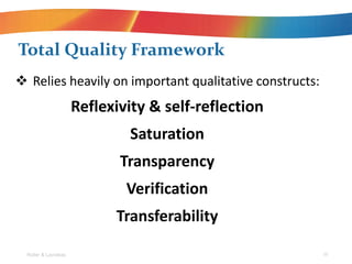 Total Quality Framework
Reflexivity & self-reflection
Saturation
Transparency
Verification
Transferability
Roller & Lavrakas 10
? Relies heavily on important qualitative constructs:
 