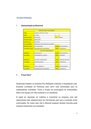 3 
PLANO PESSOAL 
1. Apresentação profissional 
APRESENTAÇÃO PROFISSIONAL 
NOME JOABE OLIVEIRA DE JESUS 
IDADE 27 ANOS 
NATURALIDADE SALVADOR UF BAHIA 
NACIONALIDADE BRASILEIRO 
ESTADO CIVIL SOLTEIRO 
ESCOLARIDADE GRADUAÇÃO EM CIÊNCIAS CONTÁBEIS 
EMPRESA ATUAL PCA REFEIÇOES RAMO RESTAURANTES 
OCUPAÇÃO ATUAL ENCARREGADO ALMOXARIFE AREA CONTROLES 
HISTORICO PROFISSIONAL 
EMPRESA 1 MACDONALD'S RAMO RESTAURANTES 
OCUPAÇÃO ATENDIMENTO CLIENTES AREA DIVERSAS 
EMPRESA 2 TOKTAKE ALIMENTAÇÃO RAMO VENDING MACHINE 
OCUPAÇÃO CONTROLADORIA AREA CONTROLES 
EMPRESA 3 CAIPA COMERCIAL RAMO RESTAURANTES 
OCUPAÇÃO ENCARREGADO ALMOXARIFE AREA CONTROLES 
2. O que faço? 
Atualmente trabalho na Empresa Pca Refeições Coletivas e Hospitalares Ltda. 
Empresa contratada da Petrobras para servir toda alimentação para os 
colaboradores contratado. Tenho a função de encarregado de almoxarifado, 
lidero uma equipe com três auxiliares e um assistente. 
O papel de reposição de matérias é importante na empresa, pois são 
responsáveis pelo abastecimento de mercadorias para que a produção tenha 
continuidade. No nosso caso não é diferente qualquer decisão incorreta pode 
impactar diretamente nos resultados. 
 