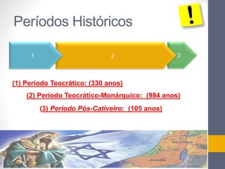 Períodos Históricos 
1 2 3 
(1) Período Teocrático: (330 anos) 
(2) Período Teocrático-Monárquico: (984 anos) 
(3) Período Pós-Cativeiro: (105 anos) 
 