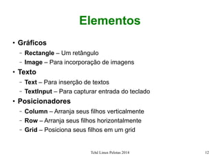 Tchê Linux Pelotas 2014 12
Elementos
●
Gráficos
– Rectangle – Um retângulo
– Image – Para incorporação de imagens
●
Texto
– Text – Para inserção de textos
– TextInput – Para capturar entrada do teclado
●
Posicionadores
– Column – Arranja seus filhos verticalmente
– Row – Arranja seus filhos horizontalmente
– Grid – Posiciona seus filhos em um grid
 