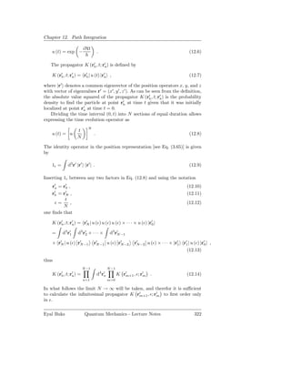 Chapter 12. Path Integration

                        iHt
    u (t) = exp −                 .                                                  (12.6)

   The propagator K (r′ , t; r′ ) is deﬁned by
                      b       a

    K (r′ , t; r′ ) = r′ | u (t) |r′ ,
        b       a      b           a                                                 (12.7)

where |r′ denotes a common eigenvector of the position operators x, y, and z
with vector of eigenvalues r′ = (x′ , y′ , z ′ ). As can be seen from the deﬁnition,
the absolute value squared of the propagator K (r′ , t; r′ ) is the probability
                                                          b     a
density to ﬁnd the particle at point r′ at time t given that it was initially
                                            b
localized at point r′ at time t = 0.
                    a
   Dividing the time interval (0, t) into N sections of equal duration allows
expressing the time evolution operator as
                          N
                   t
    u (t) = u                 .                                                      (12.8)
                   N

The identity operator in the position representation [see Eq. (3.65)] is given
by

    1r =      d3 r′ |r′ r′ | .                                                       (12.9)

Inserting 1r between any two factors in Eq. (12.8) and using the notation
    r′ = r′ ,
     a    0                                                                         (12.10)
    r′ = r′ ,
     b    N                                                                         (12.11)
          t
     ǫ=      ,                                                                      (12.12)
         N
one ﬁnds that

    K (r′ , t; r′ ) = r′ | u (ǫ) u (ǫ) u (ǫ) × · · · × u (ǫ) |r′
        b       a      N                                       0

    =      d3 r′
               1   d3 r′ × · · · ×
                       2                   d3 r′
                                               N−1

    × r′ | u (ǫ) r′
       N          N−1         r′          ′
                               N−1 u (ǫ) rN−2           r′                     ′  ′           ′
                                                         N−2 u (ǫ) × · · · × |r1 r1 | u (ǫ) |r0 ,
                                                                                   (12.13)

thus
                        N−1               N−1
    K (r′ , t; r′ ) =
        b       a                 d3 r′
                                      n         K r′         ′
                                                   m+1 , ǫ; rm .                    (12.14)
                        n=1               m=0

In what follows the limit N → ∞ will be taken, and therefor it is suﬃcient
to calculate the inﬁnitesimal propagator K r′         ′
                                            m+1 , ǫ; rm to ﬁrst order only
in ǫ.

Eyal Buks               Quantum Mechanics - Lecture Notes                               322
 