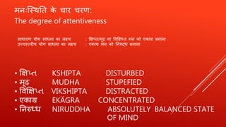 • क्षक्षપ્ત KSHIPTA DISTURBED
• मूढ MUDHA STUPEFIED
• ववक्षक्षપ્ત VIKSHIPTA DISTRACTED
• एकाग्र EKÄGRA CONCENTRATED
• तनरुध्ध NIRUDDHA ABSOLUTELY BALANCED STATE
OF MIND
मनःत्स्र्थतत के चाि चिर्:
The degree of attentiveness
साधािर् योग साधना का लक्ष्य : क्षक्षप्त/मूढ़ या ववक्षक्षप्त मन को एकाग्र बनाना
उच्चस्तिीय योग साधना का लक्ष्य : एकाग्र मन को तनरुदध बनाना
 