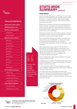 3
STATE-WIDE SUMMARY
SEPTEMBER QUARTER 2015
FALLING
STABILISINGRECOVERING
RISING
BRISBANE HOUSE MARKETS
September Quarter 2015
Source: REIQ
Brisbane
↑ Moreton Bay
↑ Logan
Redland
Ipswich
FALLING
STABILISINGRECOVERING
RISING
QUEENSLAND HOUSE MARKETS
September Quarter 2015
Source: REIQ
Brisbane SD
Cairns
Gold Coast
Sunsine Coast
Fraser Coast
Mackay
Bundaberg Gladstone
Rockhampton Townsville
↑ Toowoomba
The Real Estate Institute of Queensland Ltd. Copyright 2014
21 Turbo Drive, Coorparoo, PO Box 1555, Coorparoo DC Q 4151
Ph: (07) 3249 7347 Fax: (07) 3249 6211
Email: research@reiq.com.au
3 QUEENSLAND MARKET MONITOR
Queensland market update	 1
REIQ Explanatory notes	 2
Brisbane market updates
Brisbane City	 6
Greater Brisbane	 11
Regional market updates
Gold Coast	 16
Toowoomba	 19
Sunshine Coast	 21
Fraser Coast	 23
Bundaberg	 25
Gladstone	 27
Rockhampton	 28
Mackay	 30
Townsville	 32
Cairns	 34
Other Regional	 36
On The Market Indicators	 37
Total Listings
% Stock on Market
Average Vendor Discount	
Average Days on Market
Rental Market Indicators	 39
Gross rental yields	
Residential vacancy rates	
TABLE OF CONTENTS
REIQ
The tourism
centres
showed
significant
improvement
to house sales
markets
STATE-WIDE
SUMMARY CONTINUED
HOUSE MARKET
Over the September quarter, the Brisbane house market
led the way, with preliminary house sales reaching levels
not seen in more than five years. New listings helped
the market maintain equilibrium, fostering sustainable
property price growth.
Sales activity was also up across the southeast and the
tourism centres, with Ipswich the stand-out performer.
Ipswich also recorded the highest quarterly increase for
the Greater Brisbane region with the median house price
lifting 1.6 per cent to $320,000.
The tourism centres also continued to improve, with the
Gold Coast's median house price recording the highest
quarterly increase of all the major centres.
Cairns performed well over the quarter, recording a new
median house price of $400,000, up 2.6 per cent. With
house sales activity and listings up, the state’s
far north tourism destination moved into stronger market
conditions.
After easing sales activity over the first half of 2015,
Toowoomba house sales activity bounced back, up 13
per cent over the quarter. Following a strong 2014, local
agents say Toowoomba is likely to stick to the
established long-term trend of conservative yet
consistent property price growth.
On the Fraser Coast, sales market conditions remained
steady with little change.
Average days on market and average vendor discounting
remained relatively unchanged, while listings increased
slightly heading into spring.
In other regional centres, market conditions remained
weak, although, September quarter data shows Gladstone
may be turning a corner.
The major east coast cities of Rockhampton and
Townsville, along with Bundaberg also recorded relatively
stable house sales activity over the quarter, however
improvements in days on market and vendor discounting
have yet to be seen.
 