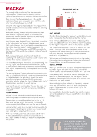 30 QUEENSLAND MARKET MONITOR
REGIONAL MARKET UPDATES
MACKAY
29
m+
p)
139
m+
163
43
8
166
42
7
<$350k $350k+ $500k+
BUNDABERG HOUSE SALES (p)
JUN 15 SEP 15
153
213
90
3
160
247
114
4
<$350k $350k+ $500k+ $1m+
CAIRNS & DOUGLAS HOUSE SALES (p)
JUN 15 SEP 15
211
71
14
203
78
13
<$350k $350k+ $500k+
FRASER COAST HOUSE SALES (p)
JUN 15 SEP 15
48
52
14
57
45
8
<$350k $350k+ $500k+
GLADSTONE HOUSE SALES (p)
JUN 15 SEP 15
227
156
46
222
149
50
<$350k $350k+ $500k+
TOWNSVILLE HOUSE SALES (p)
JUN 15 SEP 15
75
63
21
89
69
16
<$350k $350k+ $500k+
MACKAY HOUSE SALES (p)
JUN 15 SEP 15
22 26
<$350k $350k+ $500k+
333
1m+ <$350k $350k+ $500k+
42
m+
p)
The unpredictable conditions of the Mackay market
continued for a third consecutive quarter, creating a
challenging environment for owner-occupiers and investors.
Sales turnover has fluctuated between 170 and 200
preliminary house sales per quarter since mid-2014 with
other market indicators yet to level off.
Similar to other regions impacted by the mining downturn,
property prices have continued to ease with prices returning
to 2005 levels.
With softer property prices in play, local owner-occupiers
have replaced a significant portion of investors in the
market. First home buyers are enjoying the good buying
opportunities now available to them.
Neighbouring Isaac Regional Council is similarly struggling
to find solid ground and property prices there are also at
2005 levels. However, due to high-yielding properties during
the mining boom the region’s median house price has
fallen from a much higher peak of $682,000 recorded in the
first quarter of 2012 back to the pre-boom median of around
$200,000.
Both Mackay and Isaac’s rental markets look to be
stabilising with both regions recording steady vacancy rates
over the three months to September.
The outlook for the region however is looking promising. The
Mackay Airport may be about to commence direct flights
to New Zealand. The runway is capable of accommodating
such flights, however funding for immigration and customs
is required.
The Mackay Regional Council is focused on reinventing the
town as a major industrial hub, connected to developments
in the Galilee Basin that will directly benefit the region.
Manufacturing opportunities and building contracts
associated with the railway line from the Basin to the port of
Abbot Point are also likely to benefit Mackay.
Local agents are very positive about the next few years and
expect the real estate market to turn around in late 2016,
early 2017.
HOUSE MARKET
Mackay’s house market stabilised this quarter with
preliminary sales numbers increasing by nine per cent.
Average days on market have edged out further to 110
days while average vendor discounting increased 2.4
percentage points to 8.9 per cent over the year to August.
Listing numbers were down four per cent compared to the
previous year indicating only vendors who needed to sell
were putting their property on the market.
With first home buyers more active, sales activity lifted
in the sub-$350,000 price point, which contributed to
the 2.8 per cent fall in Mackay’s median house price for
the quarter.
UNIT MARKET
Over the September quarter Mackay’s unit and townhouse
sales increased at the affordable end of the market.
Units in the sub-$350,000 price points held steady while
sales above $350,000 were down. Overall preliminary sales
for the region were down a third on the previous quarter.
The June quarter also saw a spike in its median unit sale
price – up 12 per cent. With low sales turnover in this
segment of the market, changes in the quarterly median
sale price are more susceptible to shifts in different
qualities of properties sold.
With no new unit developments coming onto the market,
the median has come back down to be more reflective of
the established unit and townhouse market.
RENTAL MARKET
Mackay’s rental market, surveyed at the end of September,
found the region still to be in oversupply; however the
overall vacancy rate remained unchanged at 9.1 per cent.
After peaking at 9.8 per cent at the end of last year, this
result is an encouraging sign that the region’s rental
market is stabilising and confirms the REIQ position that
the bottom has been passed.
New residents continue relocate to the region, however
some are still leaving in search of work. Local agents
expect the vacancy rate to remain where it is for the
balance of the year.
Compared to the September quarter last year, the median
rent for three bedroom houses eased further, down $50 to
$295 per week.
Local agents...expect the
Mackay real estate market
to start to turn around in
late 2016 to early 2017
 