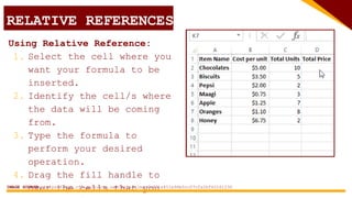 RELATIVE REFERENCES
Using Relative Reference:
1. Select the cell where you
want your formula to be
inserted.
2. Identify the cell/s where
the data will be coming
from.
3. Type the formula to
perform your desired
operation.
4. Drag the fill handle to
over the cells that you
IMAGE SOURCE: https://qph.cf2.quoracdn.net/main-qimg-7c031e451e96b5cc07cfa2bf62261230
 