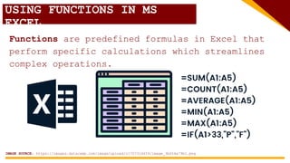 USING FUNCTIONS IN MS
EXCEL
Functions are predefined formulas in Excel that
perform specific calculations which streamlines
complex operations.
IMAGE SOURCE: https://images.datacamp.com/image/upload/v1707314659/image_3b654e79b1.png
 