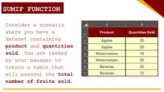 SUMIF FUNCTION
Consider a scenario
where you have a
dataset containing
product and quantities
sold. You are tasked
by your manager to
create a table that
will present the total
number of fruits sold.
 