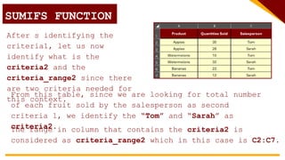 SUMIFS FUNCTION
After s identifying the
criteria1, let us now
identify what is the
criteria2 and the
criteria_range2 since there
are two criteria needed for
this context.
From this table, since we are looking for total number
of each fruit sold by the salesperson as second
criteria 1, we identify the “Tom” and “Sarah” as
criteria2.
The range in column that contains the criteria2 is
considered as criteria_range2 which in this case is C2:C7.
 