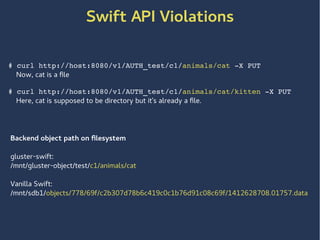 Swift API Violations
# curl http://host:8080/v1/AUTH_test/c1/animals/cat -X PUT
Now, cat is a file
# curl http://host:8080/v1/AUTH_test/c1/animals/cat/kitten -X PUT
Here, cat is supposed to be directory but it’s already a file.
Backend object path on filesystem
gluster-swift:
/mnt/gluster-object/test/c1/animals/cat
Vanilla Swift:
/mnt/sdb1/objects/778/69f/c2b307d78b6c419c0c1b76d91c08c69f/1412628708.01757.data
 