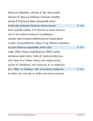 Ἐπιμέλεια κειμένου Ἰωάννης Καραδημητρόπουλος σελίς 29 ἐκ 81
ἀλλά μιν ἐξήρπαξε, κάλυψε δ’ ἄρ’ ἠέρι πολλῇ,
ἡσύχιον δ’ ἄρα μιν πολέμου ἔκπεμπε νέεσθαι.
αὐτὰρ ὃ Πηλεΐωνα δόλῳ ἀποέργαθε λαοῦ·
αὐτῷ γὰρ ἑκάεργος Ἀγήνορι πάντα ἐοικὼς Φ 600
ἔστη πρόσθε ποδῶν, ὃ δ’ ἐπέσσυτο ποσσὶ διώκειν·
εἷος ὃ τὸν πεδίοιο διώκετο πυροφόροιο
τρέψας πὰρ ποταμὸν βαθυδινήεντα Σκάμανδρον
τυτθὸν ὑπεκπροθέοντα· δόλῳ δ’ ἄρ’ ἔθελγεν Ἀπόλλων
ὡς αἰεὶ ἔλποιτο κιχήσεσθαι ποσὶν οἷσι· Φ 605
τόφρ’ ἄλλοι Τρῶες πεφοβημένοι ἦλθον ὁμίλῳ
ἀσπάσιοι προτὶ ἄστυ, πόλις δ’ ἔμπλητο ἀλέντων.
οὐδ’ ἄρα τοί γ’ ἔτλαν πόλιος καὶ τείχεος ἐκτὸς
μεῖναι ἔτ’ ἀλλήλους, καὶ γνώμεναι ὅς τε πεφεύγοι
ὅς τ’ ἔθαν’ ἐν πολέμῳ· ἀλλ’ ἐσσυμένως ἐσέχυντο Φ 610
ἐς πόλιν, ὅν τινα τῶν γε πόδες καὶ γοῦνα σαώσαι.
 