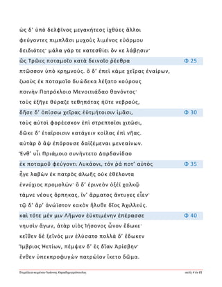 Ἐπιμέλεια κειμένου Ἰωάννης Καραδημητρόπουλος σελίς 4 ἐκ 81
ὡς δ’ ὑπὸ δελφῖνος μεγακήτεος ἰχθύες ἄλλοι
φεύγοντες πιμπλᾶσι μυχοὺς λιμένος εὐόρμου
δειδιότες· μάλα γάρ τε κατεσθίει ὅν κε λάβῃσιν·
ὣς Τρῶες ποταμοῖο κατὰ δεινοῖο ῥέεθρα Φ 25
πτῶσσον ὑπὸ κρημνούς. ὃ δ’ ἐπεὶ κάμε χεῖρας ἐναίρων,
ζωοὺς ἐκ ποταμοῖο δυώδεκα λέξατο κούρους
ποινὴν Πατρόκλοιο Μενοιτιάδαο θανόντος·
τοὺς ἐξῆγε θύραζε τεθηπότας ἠΰτε νεβρούς,
δῆσε δ’ ὀπίσσω χεῖρας ἐϋτμήτοισιν ἱμᾶσι, Φ 30
τοὺς αὐτοὶ φορέεσκον ἐπὶ στρεπτοῖσι χιτῶσι,
δῶκε δ’ ἑταίροισιν κατάγειν κοίλας ἐπὶ νῆας.
αὐτὰρ ὃ ἂψ ἐπόρουσε δαϊζέμεναι μενεαίνων.
Ἔνθ’ υἷι Πριάμοιο συνήντετο Δαρδανίδαο
ἐκ ποταμοῦ φεύγοντι Λυκάονι, τόν ῥά ποτ’ αὐτὸς Φ 35
ἦγε λαβὼν ἐκ πατρὸς ἀλωῆς οὐκ ἐθέλοντα
ἐννύχιος προμολών· ὃ δ’ ἐρινεὸν ὀξέϊ χαλκῷ
τάμνε νέους ὄρπηκας, ἵν’ ἅρματος ἄντυγες εἶεν·
τῷ δ’ ἄρ’ ἀνώϊστον κακὸν ἤλυθε δῖος Ἀχιλλεύς.
καὶ τότε μέν μιν Λῆμνον ἐϋκτιμένην ἐπέρασσε Φ 40
νηυσὶν ἄγων, ἀτὰρ υἱὸς Ἰήσονος ὦνον ἔδωκε·
κεῖθεν δὲ ξεῖνός μιν ἐλύσατο πολλὰ δ’ ἔδωκεν
Ἴμβριος Ἠετίων, πέμψεν δ’ ἐς δῖαν Ἀρίσβην·
ἔνθεν ὑπεκπροφυγὼν πατρώϊον ἵκετο δῶμα.
 