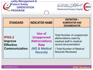 STANDARD INDICATOR NAME 
IPSG.2 
Improve 
Effective 
Communication. 
Use of 
Unapproved 
Abbreviations 
Rate 
(MS & Medical 
Records) 
DEFINITION – 
NUMERATOR AND 
DENOMENATOR 
Total Number of unapproved 
abbreviations used by 
medical staff in medical 
record documentation 
/ Total Number of Medical 
Records Reviewed 
IPSG Monitors 
uality Management & 
Patient Safety 
ORIENTATION 
PROGRAM 
23 November 2014 / 
marykayetacuel@mdh.com.sa 
 
