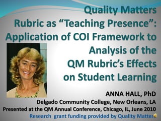 ANNA HALL, PhD
Delgado Community College, New Orleans, LA
Presented at the QM Annual Conference, Chicago, IL, June 2010
Research grant funding provided by Quality Matters
 