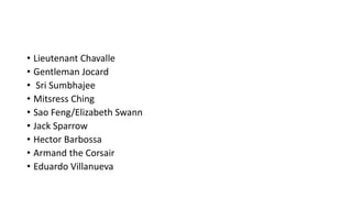 • Lieutenant Chavalle
• Gentleman Jocard
• Sri Sumbhajee
• Mitsress Ching
• Sao Feng/Elizabeth Swann
• Jack Sparrow
• Hector Barbossa
• Armand the Corsair
• Eduardo Villanueva
 