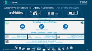 Cognitive Enabled IoT Apps / Solutions – Art of the Possible 
Connected Car Digital Life Smarter Cities Smarter Care 
API Management 
Cognitive Services Platform 
Observe Interpret & Evaluate Decide 
Models | Annotations | Content | Tools 
Orchestration 
Mediation | Composition | Rules 
Device Registration & Connectivity 
Connectivity | Awareness | Security & Privacy | Asset mgmt 
Big Data Analytics 
Streaming | Batch Analytics 
Data services 
Historian | File | Archive 
© 2014 IBM Corporation 18 
 
