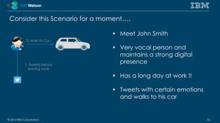 Consider this Scenario for a moment…. 
• Meet John Smith 
• Very vocal person and 
maintains a strong digital 
presence 
• Has a long day at work !! 
• Tweets with certain emotions 
and walks to his car 
2. Walk to Car 
1. Tweets before 
leaving work 
© 2014 IBM Corporation 23 
 