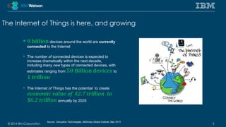 The Internet of Things is here, and growing 
 9 billion devices around the world are currently 
connected to the Internet 
 The number of connected devices is expected to 
increase dramatically within the next decade, 
including many new types of connected devices, with 
estimates ranging from 50 Billion devices to 
1 trillion 
 The Internet of Things has the potential to create 
economic value of $2.7 trillion to 
$6.2 trillion annually by 2025 
Source: Disruptive Technologies, McKinsey Global Institute, May 2013 
© 2014 IBM Corporation 5 
 