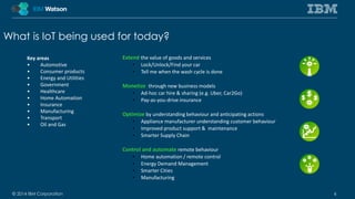 What is IoT being used for today? 
Extend the value of goods and services 
• Lock/Unlock/Find your car 
• Tell me when the wash cycle is done 
Monetize through new business models 
• Ad-hoc car hire & sharing (e.g. Uber, Car2Go) 
• Pay-as-you-drive insurance 
Optimize by understanding behaviour and anticipating actions 
• Appliance manufacturer understanding customer behaviour 
• Improved product support & maintenance 
• Smarter Supply Chain 
Control and automate remote behaviour 
• Home automation / remote control 
• Energy Demand Management 
• Smarter Cities 
• Manufacturing 
Key areas 
• Automotive 
• Consumer products 
• Energy and Utilities 
• Government 
• Healthcare 
• Home Automation 
• Insurance 
• Manufacturing 
• Transport 
• Oil and Gas 
© 2014 IBM Corporation 6 
 