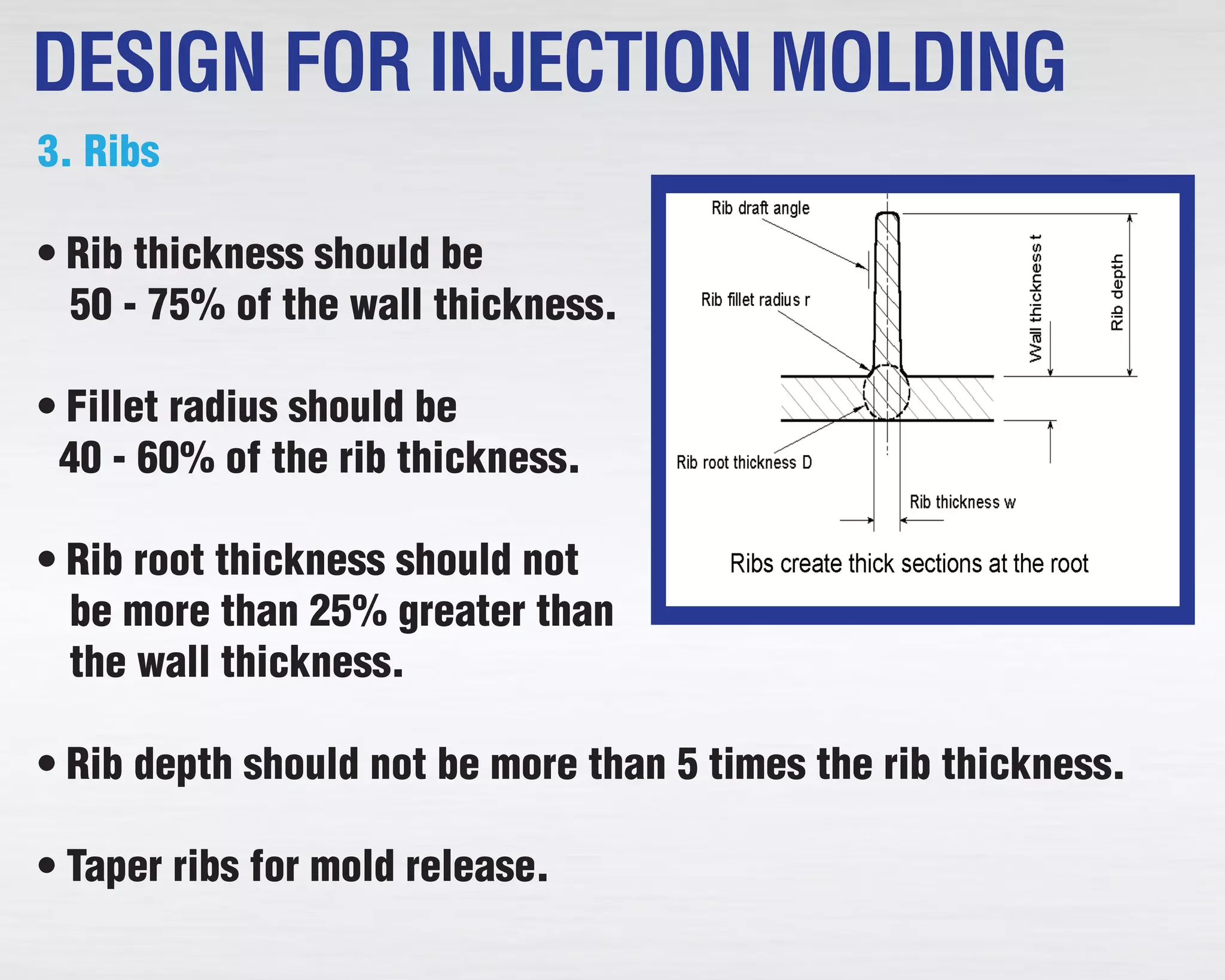 3. Ribs
• Rib thickness ought to be
50 - 75% of the divider thickness.
• Filet sweep ought to be
40 - 60% of the rib thickness.
• Rib root thickness ought not
be over 25% more prominent than
the wall thickness.
• Rib profundity ought not be more than 5 times the rib thickness.
• Taper ribs for form discharge.
DESIGN FOR INJECTION MOLDING
 