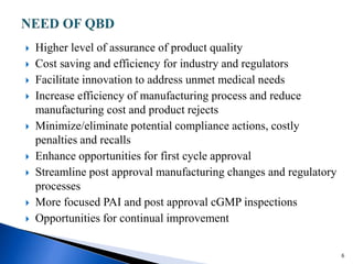  Higher level of assurance of product quality
 Cost saving and efficiency for industry and regulators
 Facilitate innovation to address unmet medical needs
 Increase efficiency of manufacturing process and reduce
manufacturing cost and product rejects
 Minimize/eliminate potential compliance actions, costly
penalties and recalls
 Enhance opportunities for first cycle approval
 Streamline post approval manufacturing changes and regulatory
processes
 More focused PAI and post approval cGMP inspections
 Opportunities for continual improvement
6
 