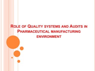 ROLE OF QUALITY SYSTEMS AND AUDITS IN
PHARMACEUTICAL MANUFACTURING
ENVIRONMENT
 