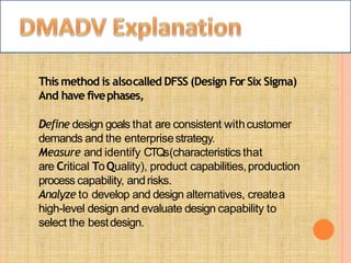 This method is alsocalled DFSS (Design ForSix Sigma)
And have fivephases,
Define design goals that are consistent withcustomer
demands and the enterprisestrategy.
Measure and identify CTQs(characteristics that
are Critical ToQuality), product capabilities,production
process capability, andrisks.
Analyze to develop and design alternatives, createa
high-level design and evaluate design capability to
select the bestdesign.
 