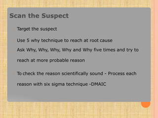 Target the suspect
Use 5 why technique to reach at root cause
Ask Why, Why, Why, Why and Why five times and try to
reach at more probable reason
To check the reason scientifically sound - Process each
reason with six sigma technique -DMAIC
 