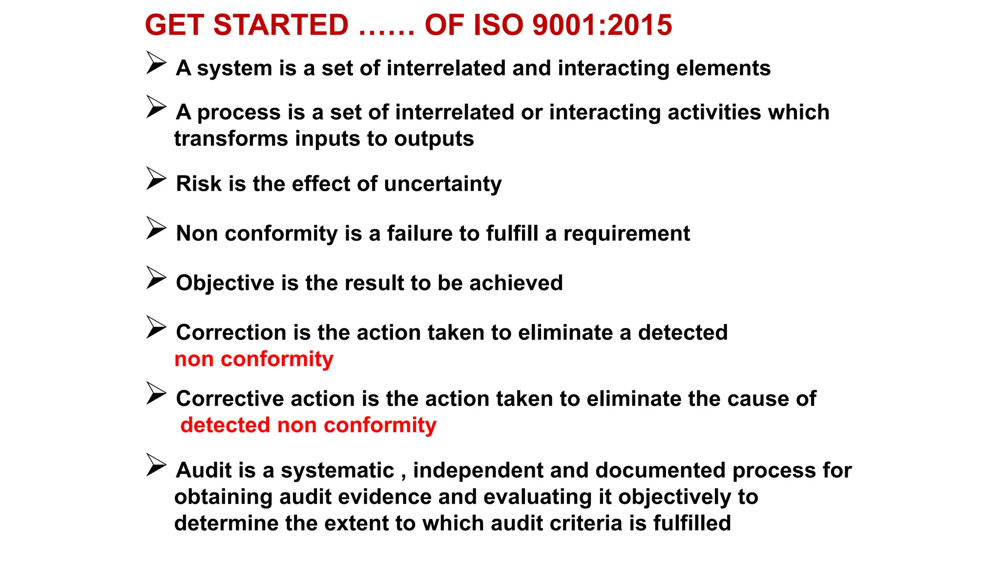 GET STARTED …… OF ISO 9001:2015
 A system is a set of interrelated and interacting elements
 A process is a set of interrelated or interacting activities which
transforms inputs to outputs
 Risk is the effect of uncertainty
 Non conformity is a failure to fulfill a requirement
 Objective is the result to be achieved
 Correction is the action taken to eliminate a detected
non conformity
 Corrective action is the action taken to eliminate the cause of
detected non conformity
 Audit is a systematic , independent and documented process for
obtaining audit evidence and evaluating it objectively to
determine the extent to which audit criteria is fulfilled
 