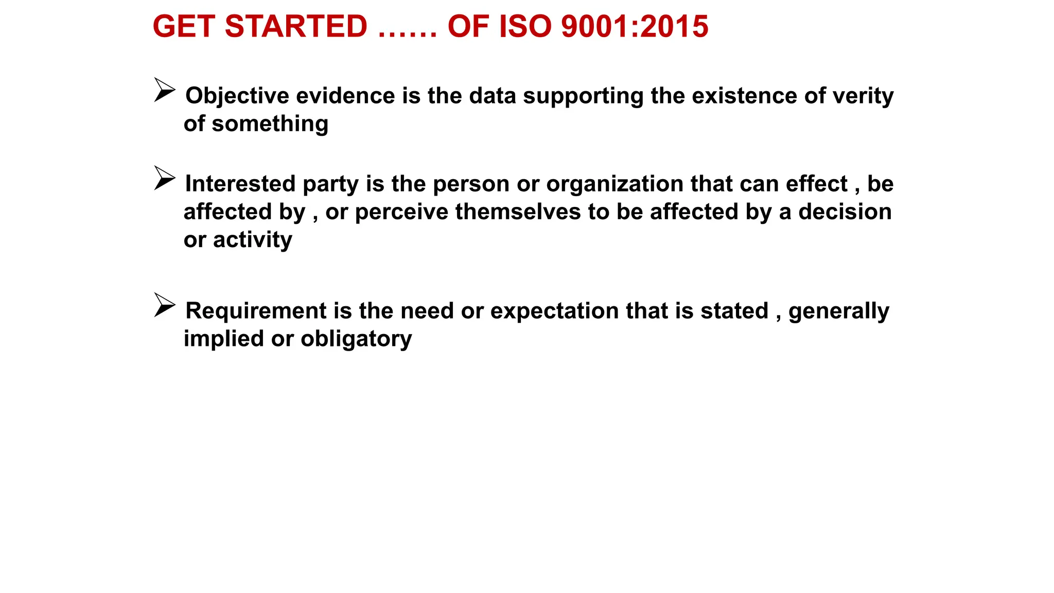 GET STARTED …… OF ISO 9001:2015
 Objective evidence is the data supporting the existence of verity
of something
 Interested party is the person or organization that can effect , be
affected by , or perceive themselves to be affected by a decision
or activity
 Requirement is the need or expectation that is stated , generally
implied or obligatory
 