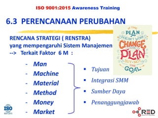ISO 9001:2015 Awareness Training
6.3 PERENCANAAN PERUBAHAN
RENCANA STRATEGI ( RENSTRA)
yang mempengaruhi Sistem Manajemen
--> Terkait Faktor 6 M :
- Man
- Machine
- Material
- Method
- Money
- Market
 Tujuan
 Integrasi SMM
 Sumber Daya
 Penanggungjawab
 