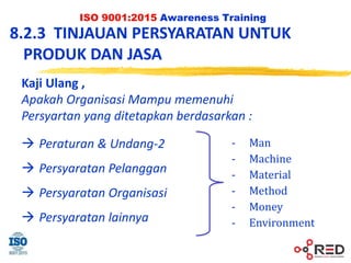 ISO 9001:2015 Awareness Training
8.2.3 TINJAUAN PERSYARATAN UNTUK
PRODUK DAN JASA
Kaji Ulang ,
Apakah Organisasi Mampu memenuhi
Persyartan yang ditetapkan berdasarkan :
 Peraturan & Undang-2
 Persyaratan Pelanggan
 Persyaratan Organisasi
 Persyaratan lainnya
- Man
- Machine
- Material
- Method
- Money
- Environment
 