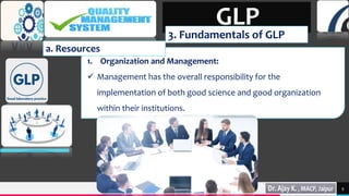 TREY
research
1. Organization and Management:
 Management has the overall responsibility for the
implementation of both good science and good organization
within their institutions.
9
GLP
3. Fundamentals of GLP
a. Resources
 