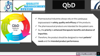 TREY
research
18
QbD
 Pharmaceutical industries always rely on the continuous
improvement in safety, quality and efficacy of the products.
 The pharmaceutical products are intended for the patient care.
 So, the priority is enhanced therapeutic benefits and absence of
impurities.
 Therefore, the product should be designed to meet patients’
needs and the intended product performance.
 