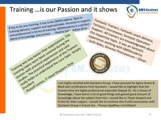 Training …is our Passion and it shows
in
my. Best
MSAcade nal in support Fantas
s to be Q ble. Perso
ing, it ha
a
fect Fanta tic Tra
in
ine
approach Academy is a per
e any tra
b
sti
rt and
If has to
y, suppo
g. QMS
a Birla Suppo c cour rs, Fan
y
in
eliver
s
alvi, Adit
rt. A
s of train
t
the
training d
l in term vice. - Reema D
ll tra eware, astic ex
siona
resp
ofes
er
s
fa
a
in
and pr
exp
he
dge and
erie ective t ers are ntastic m deliv
f knowle
.T
s
blend o
n
e

o
n
- Jos
O
k
c
tio the
hi B e work pic. It w nowle peratio ry,
d
ab u
cta g
, Dir ing wit as an f geable n
pe durin ase ers
x
h
an
e
ecto
n
a
c
r Pr QMSAc tastic bout
an ered and Trai mply
h v
t
oma
i
a
e
s
secu demy
ter n co nce of th pic. S
et
e
re –
y b e bee peri ence re to
Om
a r
an
s w we al ex peri e co
p
h
wa ics ctic l ex
t
to
ing top pra tica tand
sS
in
er
Tra ining with prac ders
pp
o
Sh
tra sion The us un
ad
.
ses dies elps
He
IT
stu lly h t
os,
I am highly satisfied with Quickwin Group. I have pursued Six Sigma Green &
rea ellen l Lem
Black belt certifications from Quickwin. I would like to highlight that the
l
Exc usse
trainers here are highly professional especially Deepak Sir. He is Ocean of
-R
Knowledge, I have learnt a lot of good things and gained good amount of
knowledge about the subject from him. I would like to Thank Swapnil and
Praful for their support. I would like to continue this fruitful association with
Quickwin Group in future too. - Pranay Upadhye, Lnt Infotech
@ Copyrights reserved - QMSS Pvt Ltd

15

 