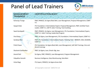 Panel of Lead Trainers
MANAGEMENT
TRAININGS

CERTIFICATION BODY

Kamaraju Turaga

PMP, PRINCE2, Six Sigma Black Belt, Lean Management, Proposal Management, COBIT
4.1

Swapnil Kale

ITIL Foundation / Intermediate/ Expert, Proposal Management, PMP, Certified Team
Leader, COBIT 4.1, SAP PI, Sales Training, Team building

Swati Kondapalli

PMP, PRINCE2, Six Sigma, Lean Management, ITIL Foundation / Intermediate/ Expert,
COBIT 4.1, Sales Training, Leadership Program

Viral Daiya

PMP, Six Sigma, Lean Management, ITIL Foundation / Intermediate/ Expert, COBIT 4.1

Sandeep Bhat

PMP, ITIL Foundation / Intermediate/ Expert, Ticketing Tool – REMEDY, OSD, SOLMAN,
COBIT 4.1

Praful Pawar

ITIL Foundation, Six Sigma Black Belt, Lean Management, Soft Skill Trainings, Vice and
Accent trainings

Shashank Garkhedkar

PMP, Six Sigma, Lean, Oracle 10g, Java

Anand Patil

Six Sigma, PMP, PRINCE2, Lean Management, Program Management

Vidyadhar Kamath

Business Intelligence, Data Warehousing, Data Mart

Vishal Nagi

ITIL Expert, PRINCE2, Six Sigma Green Belt
@ Copyrights reserved - QMSS Pvt Ltd

6

 