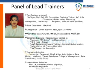 Panel of Lead Trainers
Certifications achieved:
Six Sigma Black Belt, ITIL Foundation, Train the Trainer, Soft Skills,
Competency Based hiring, Marketing
management, Leadership
Programs, Inter personal Relations,
Total Experience : 18+ years
Designation : Global Business Head, QMS Academy
Accredited by : APMG-UK, PMI-US, Peoplecert-EU, AACPS-EU
Corporate Exposure : Has previously worked as
Manager ITES Sector” - ABC consultant
Unit Head - Eserve
AVP Operations/ Process Training - Intelenet Global services
Migration of UK Process, Operation
SAP Support for Samsonite
Domestic deliveries:
Samsonite, Capgemini, Airtel, Aditya Birla, Reliance, Tata
Motors, Intelenet, E-Serve, Don Bosco College of Management , Tata
Consultancy, Lodha Group
International deliveries:
Next UK, Australian process Migration,
US Process Migration
@ Copyrights reserved - QMSS Pvt Ltd

9

 