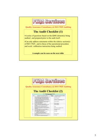 Quality Assurance Consultancy & ISO 17025 Auditing

           The Audit Checklist (1)
•A series of questions based on the QMS element(s) being
audited , and prepared prior to the audit itself .
•Can only address statements within the relative section(s)
of ISO 17025 , and to those of the operational procedure
and work / calibration instruction being audited


         A sample can be seen on the next slide




 Quality Assurance Consultancy & ISO 17025 Auditing

           The Audit Checklist (2)




                                                              5
 