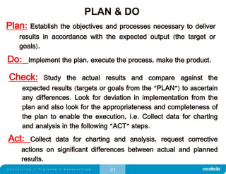 21
PLAN & DO
Plan: Establish the objectives and processes necessary to deliver
results in accordance with the expected output (the target or
goals).
Do: Implement the plan, execute the process, make the product.
Check: Study the actual results and compare against the
expected results (targets or goals from the "PLAN") to ascertain
any differences. Look for deviation in implementation from the
plan and also look for the appropriateness and completeness of
the plan to enable the execution, i.e. Collect data for charting
and analysis in the following "ACT" steps.
Act: Collect data for charting and analysis, request corrective
actions on significant differences between actual and planned
results.
 