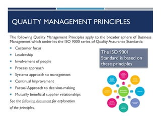 QUALITY MANAGEMENT PRINCIPLES
The following Quality Management Principles apply to the broader sphere of Business
Management which underlies the ISO 9000 series of Quality Assurance Standards:
 Customer focus
 Leadership
 Involvement of people
 Process approach
 Systems approach to management
 Continual Improvement
 Factual Approach to decision-making
 Mutually beneficial supplier relationships
See the following document for explanation
of the principles.
The ISO 9001
Standard is based on
these principles
 