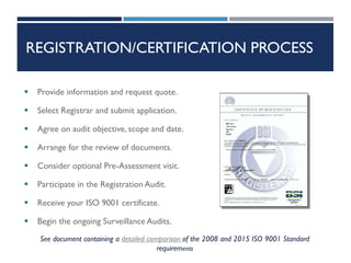 REGISTRATION/CERTIFICATION PROCESS
 Provide information and request quote.
 Select Registrar and submit application.
 Agree on audit objective, scope and date.
 Arrange for the review of documents.
 Consider optional Pre-Assessment visit.
 Participate in the Registration Audit.
 Receive your ISO 9001 certificate.
 Begin the ongoing Surveillance Audits.
See document containing a detailed comparison of the 2008 and 2015 ISO 9001 Standard
requirements
 