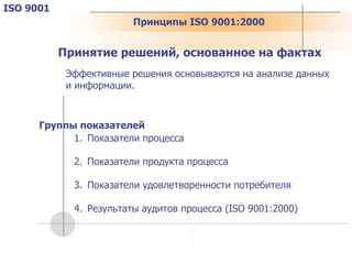ISO 9001 Принятие решений, основанное на фактах Эффективные решения основываются на анализе данных и информации.  Г рупп ы  показателей Показатели процесса Показатели продукта процесса Показатели удовлетворенности потребителя Результаты аудитов процесса  (ISO 9001:2000) Принципы  ISO 9001:2000 
