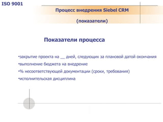 Процесс внедрения  Siebel CRM (показатели) ISO 9001 Показатели процесса закрытие проекта на __ дней, следующих за плановой датой окончания выполнение бюджета на внедрение % несоответствующей документации (сроки, требования) исполнительская дисциплина 