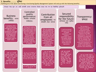 3. Benefits ………… সুচিধা
Fulfilling all of the above and having a functioning Quality Management System will end up with the following benefits:
Business
benefits: বেব঴া
কবদিদফে
A company with a
well-functioning
management system
will be more
competitive through
increased customer
satisfaction and
trust. Effective
control of the
processes leads to
lower costs.
একটি ভা঱-কাযেকরী
বেবস্থাপিা দ঴ধ্েধ্মর ঴াধ্ে
একটি ককাম্পাদিধ্ক গ্রা঵ধ্কর
঴ন্তুদি এবং ট্রাধ্ের
মাযেধ্ম আরও
প্রদিধ্যাদগিামূ঱ক ঵ধ্ি
঵ধ্ব। প্রধ্঴ধ্঴র কাযেকর
দিযন্ত্রণ কম খরচ কধ্র।
Controlled
quality
performance:
দিযদন্ত্রি গুণমাধ্ির
কমেক্ষ্মিা:
Setting clear policies
in accordance with the
H&M requirements and
developing targets will
allow the supplier to
focus on the quality
issues in a more
structured and
efficient way and
increase performance.
Everyday problem-
solving will then be
systematic rather than
at jeopardy
. এইচ এোন্ড এম এর প্রধ্যাজিীযিা এবং
঱ক্ষ্েমাত্রা উন্নযধ্ির ঴াধ্ে ঴ুস্পি িীদি
দিযোরধ্ণ ঴রবরা঵কারীরা গুণমাধ্ির
দব঳যগুদ঱ আরও ঴ু঴ং঵ি ও কাযেকর ভাধ্ব
কফাকা঴ করধ্ি এবং কমেক্ষ্মিা বৃদদ্ধর
঴ুধ্যাগ কিধ্ব। প্রদিদিধ্ির ঴ম঴োর ঴মাযাি
িখি দবপধ্ির কচধ্য বরং দিযদমি ঵ধ্ব।
(বরং প্রদিদিধ্ির ঴ম঴োর দ঴ধ্েদমক
ভাধ্ব ঴মাযাি করা িখি ঝু দক (঴ম঴ো
) কম ঵ধ্ব ।)
Contribution
from all
employees: ঴ব
কমেচারী কেধ্ক অবিাি
When all employees
are committed and
understand their own
importance and the
quality goals, their full
potential will be used
for the benefit of the
organisation. Involved
and motivated
employees will create
a competitive
organisation always
working for
improvement
যখি ঴ব কমেচারী
প্রদিশ্রুদিবদ্ধ এবং িাধ্ির
দিজস্ব গুরুে এবং মাধ্ির
঱ক্ষ্ে বুঝধ্ি, িাধ্ির পূণে
঴ম্ভাবিা ঴ংগঠধ্ির ঴ুদবযার
জিে বেব঵ার করা ঵ধ্ব।
জদ়েি এবং কপ্রদরি
(উধ্েলেমূ঱ক) কমীরা ঴বেিা
উন্নদির জিে কাজ কধ্র এমি
একটি প্রদিধ্যাগী ঴ংগঠি
তিদর করধ্ব।
Secured
responsibility
for the future:
ভদব঳েধ্ির জিে ঴ুরদক্ষ্ি
িাদযে
Transparency:
স্বচ্ছিা
A well-functioning
MS lowers the risk
of people
dependency and
creates a
sustainable system.
The quality system
will not fall down
even if some key
people leave the
organisation
The increase in
transparency through a
well-functioning
management system
improves the ability to
respond to the H&M
requirements. This is the
foundation of long-term
business relationships. It
will, for example, help
everyone to find root
causes and limitations of a
problem and based on
earlier results find good
solutions more effectively
উপধ্রাক্ত ঴মস্ত পূরণ এবং একটি কাযেকরী গুণমাি বেবস্থাপিা দ঴ধ্েম োকার ঴ধ্ে কল঳ ঵ধ্ব দিম্নদ঱দখি ঴ুদবযাগুদ঱
একটি ঴ুষ্ঠু কাযেকরী
এম এ঴ মািুধ্঳র
দিভে রিা ঝুুঁ দক কমাধ্চ্ছ
এবং একটি কেক঴ই
দ঴ধ্েম তিদর কধ্র।
যদি দকছু প্রযাি বেদক্ত
প্রদিষ্ঠািটি কছধ়্ে যায
, এমিদক দ঴ধ্েমটি
মাি দিধ্চ পরধ্ি ঵ধ্ব
িা।
একটি ঴ুষ্ঠু কাযেকরী পদরচা঱ি
বেবস্থার মাযেধ্ম স্বচ্ছিা বৃদদ্ধর ফধ্঱
এইচ এন্ড এম এর প্রধ্যাজিীযিাগুদ঱
঴া়ো কিওযার ক্ষ্মিা উন্নি ঵য।
এটি িীঘেধ্মযািী বেব঴াদযক ঴ম্পধ্কে র
দভদি। উিা঵রণস্বরূপ, উিা঵রণস্বরূপ,
প্রধ্িেধ্করধ্ক ঴ম঴োটির মূ঱
কারণগুদ঱ এবং ঴ীমাবদ্ধিাগুদ঱
খুুঁজধ্ি ঴঵াযিা করধ্ব এবং আধ্গর
ফ঱াফ঱গুদ঱র উপর দভদি কধ্র ভা঱
঴মাযািগুদ঱ আরও কাযেকরীভাধ্ব
খুুঁধ্জ পাধ্ব
 