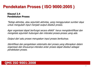 QMS ISO 9001:2008
14
Klausul 2.4
Pendekatan Proses
”Setiap aktivitas, atau sejumlah aktivitas, yang menggunakan sumber daya
untuk mengubah input menjadi output disebut proses.
Agar organisasi dapat berfungsi secara efektif harus mengidentifikasi dan
mengelola sejumlah hubungan dan interaksi proses-proses yang ada.
Output dari satu proses merupakan input proses berikutnya.
Identifikasi dan pengelolaan sistematis dari proses yang diterapkan dalam
organisasi dan khususnya interaksi antar proses dapat disebut sebagai
pendekatan proses.
Pendekatan Proses ( ISO 9000:2005 )
 