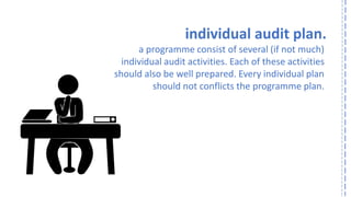 individual audit plan. 
a programmeconsist of several (if not much) 
individual audit activities. Each of these activities 
should also be well prepared. Every individual plan 
should not conflicts the programmeplan.  